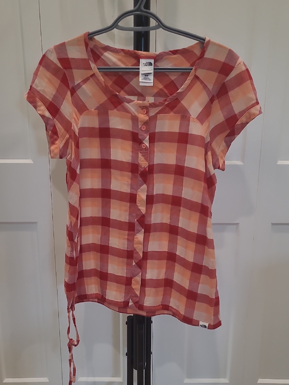 The North Face Women's Red and Cream Plaid Short-Sleeve Button Top